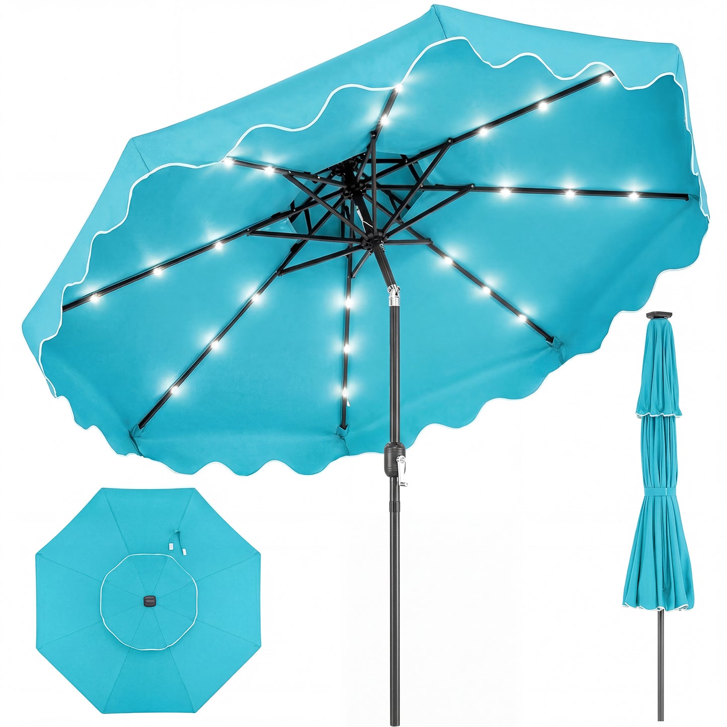 9 FT Solar LED Patio Umbrella Push-Button Tilt and Crank 24 LED Lights and 8 Ribs-Beige