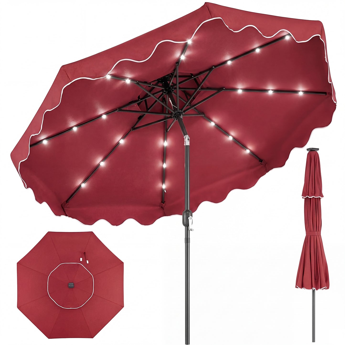 9 FT Solar LED Patio Umbrella Push-Button Tilt and Crank 24 LED Lights and 8 Ribs-Beige
