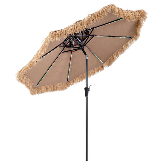 9 ft solar thatched tiki umbrella with multi-colored flowing lights and 12 lighting modes, beige outdoor shade for patio.