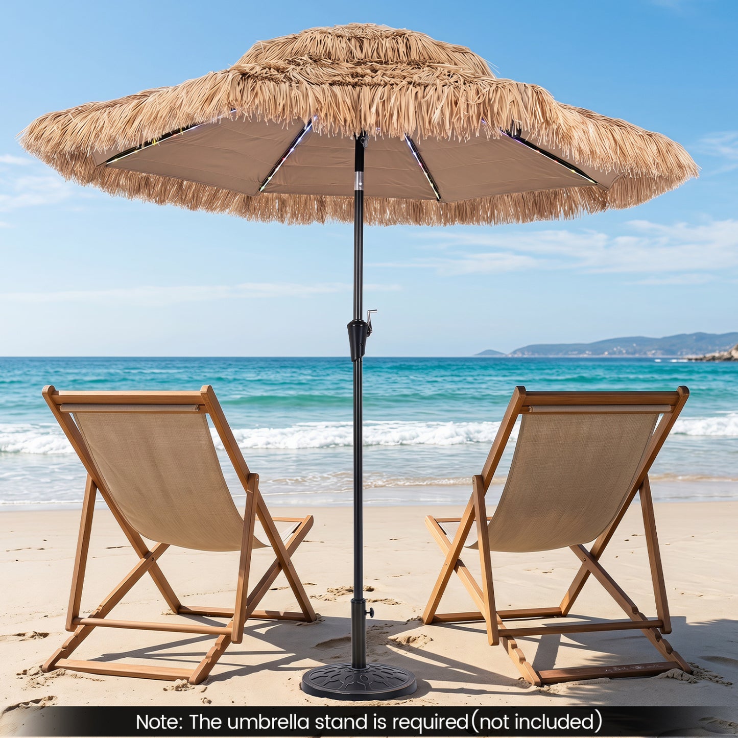 9 ft solar thatched tiki umbrella in beige with 96 multi-colored flowing lights and 12 lighting modes for outdoor shading and ambiance.