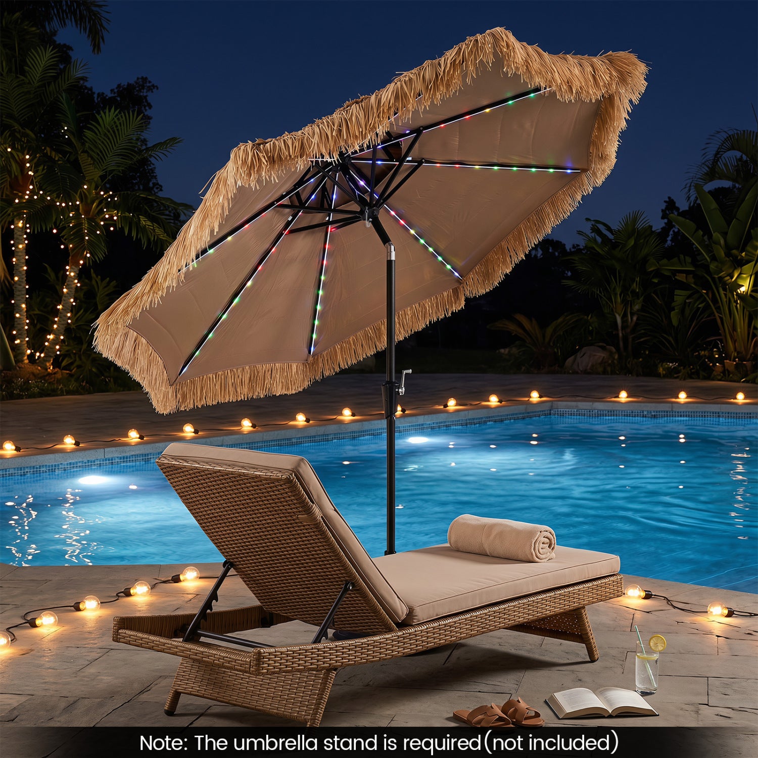 9 ft solar thatched tiki umbrella with multi-colored flowing lights and 12 lighting modes, beige outdoor shade for patio or garden.