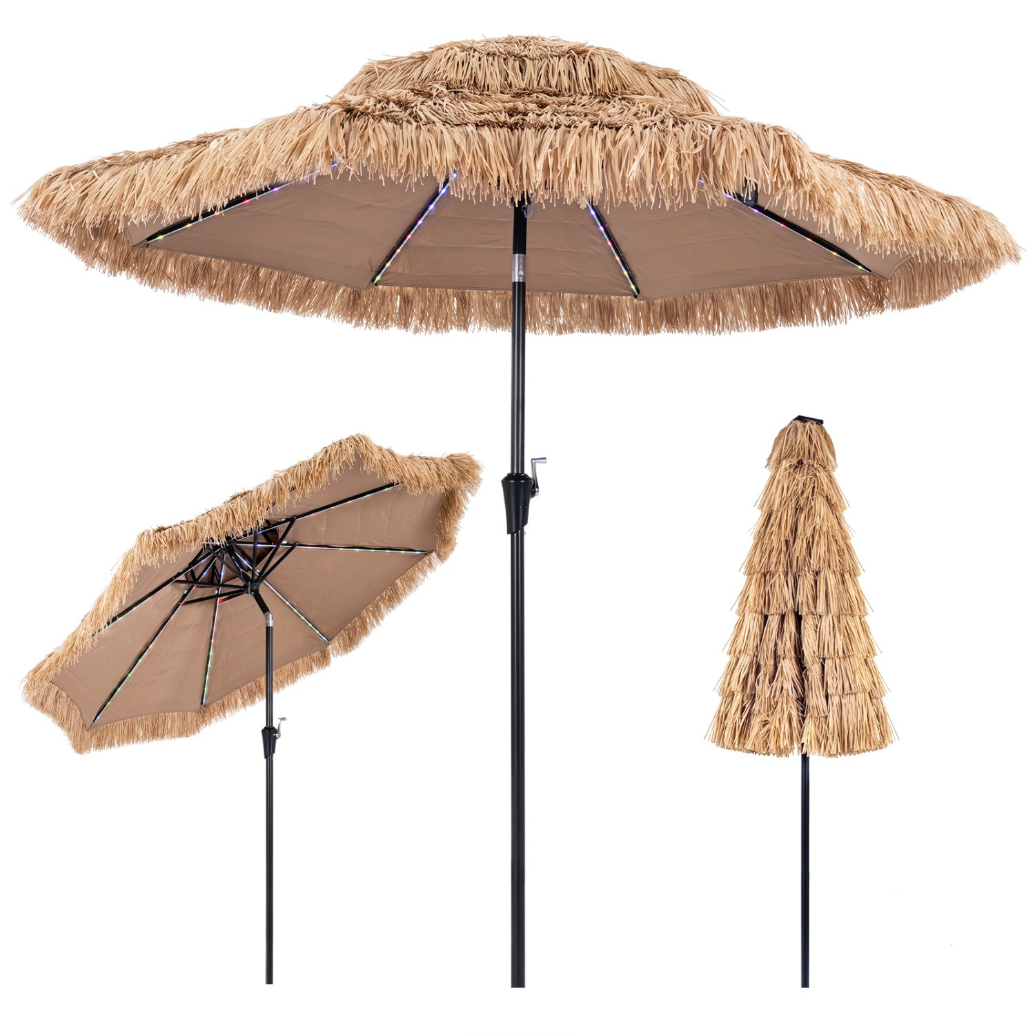 9 ft solar thatched tiki umbrella with multicolored flowing lights and 12 lighting modes, beige outdoor umbrella by Wilsons Home Store.