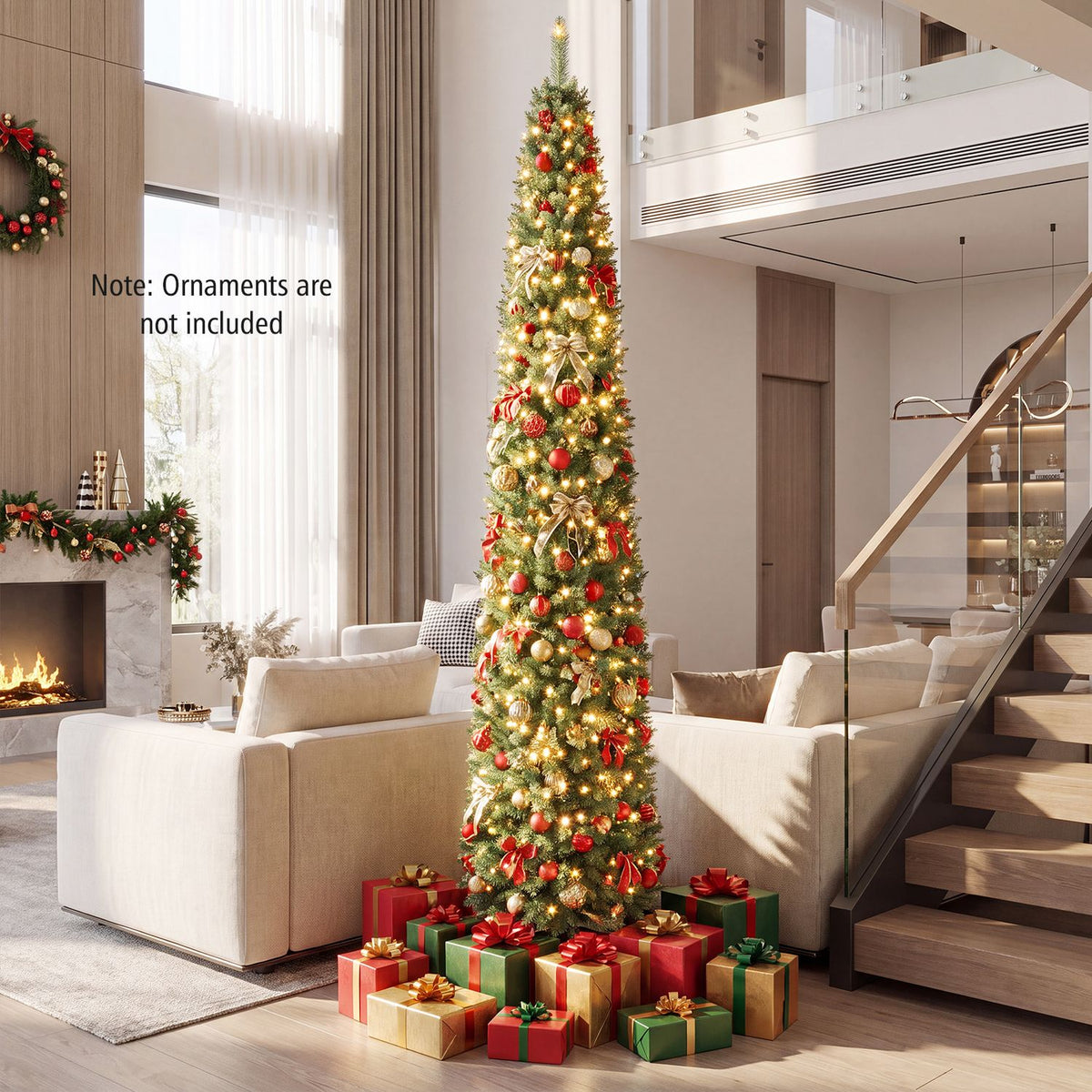 9 Feet Pre-lit Pencil Artificial Christmas Tree with 1032 Full Branch Tips