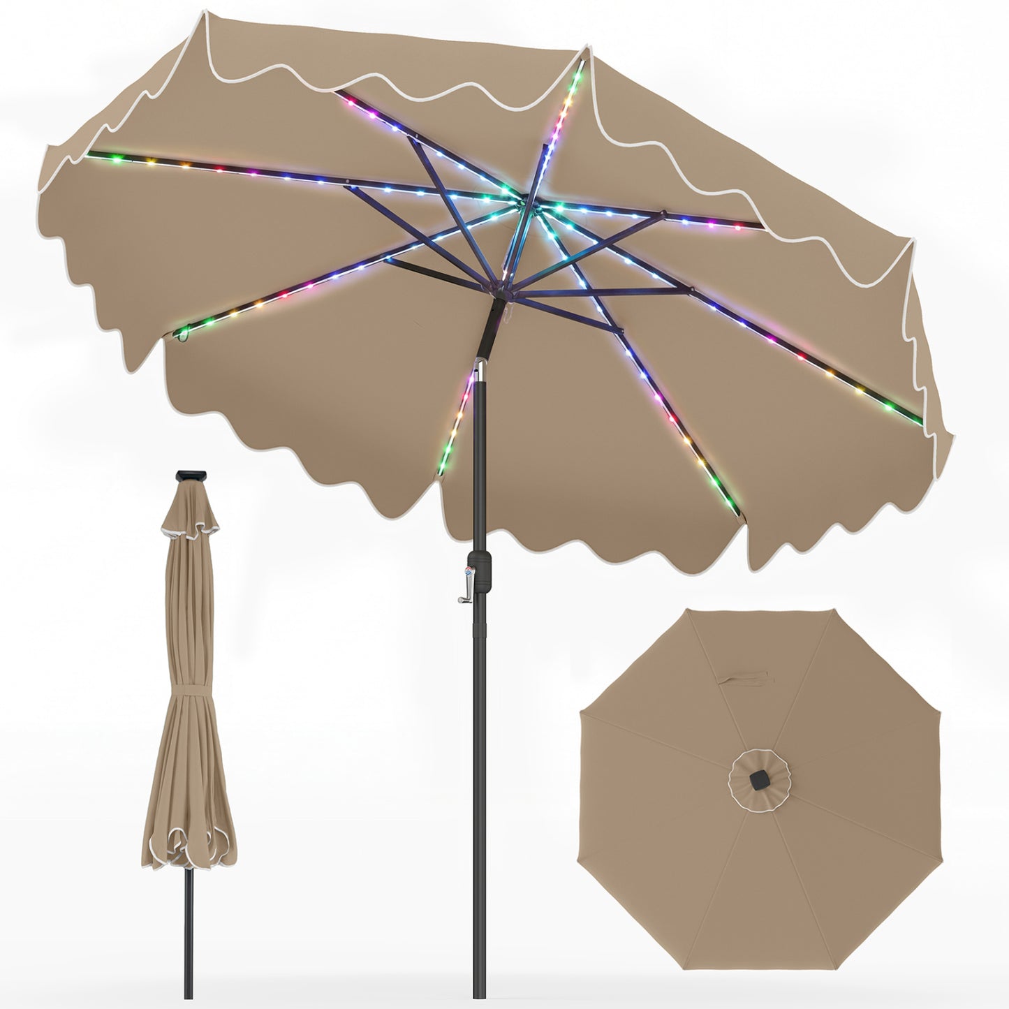 9 Feet Solar Patio Umbrella with Color-Changing LED Lights-Beige