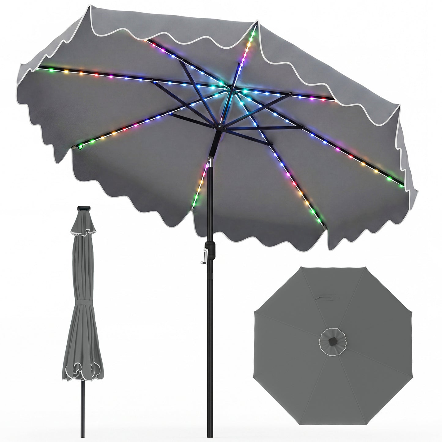9 Feet Solar Patio Umbrella with Color-Changing LED Lights-Beige