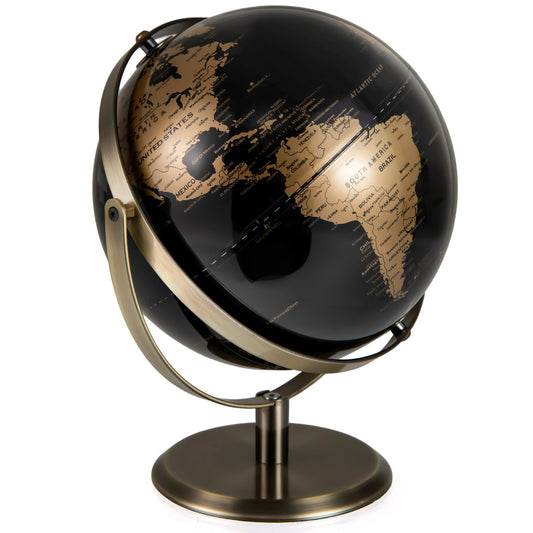9-Inch Metallic Black World Globe with Metal Stand-Golden