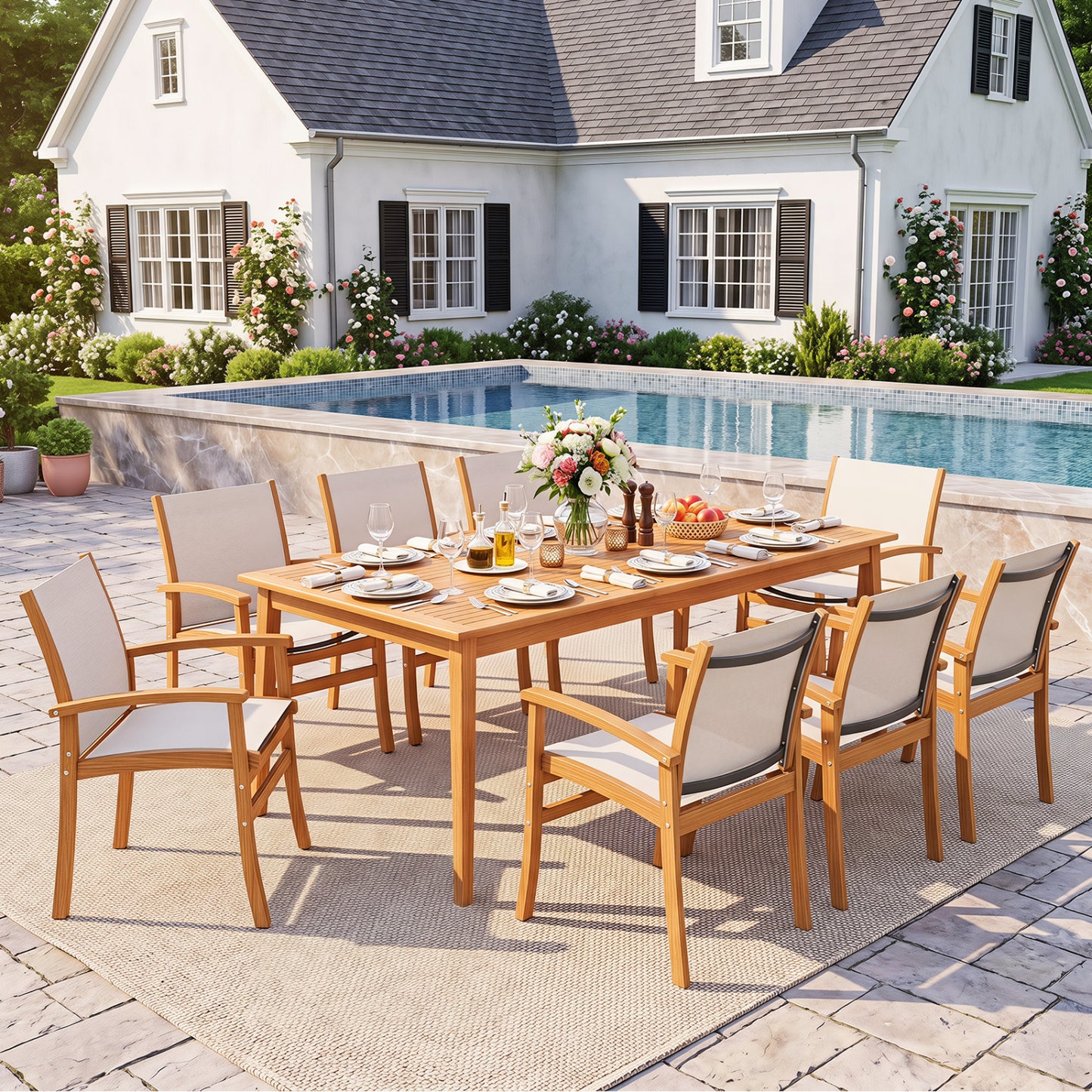 9-Piece Acacia Wood Outdoor Patio Dining Set with 80” Rectangular Table and Breathable Fabric Armchairs-Yellow