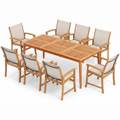 9-Piece Acacia Wood Outdoor Patio Dining Set with 80” Rectangular Table and Breathable Fabric Armchairs-Yellow
