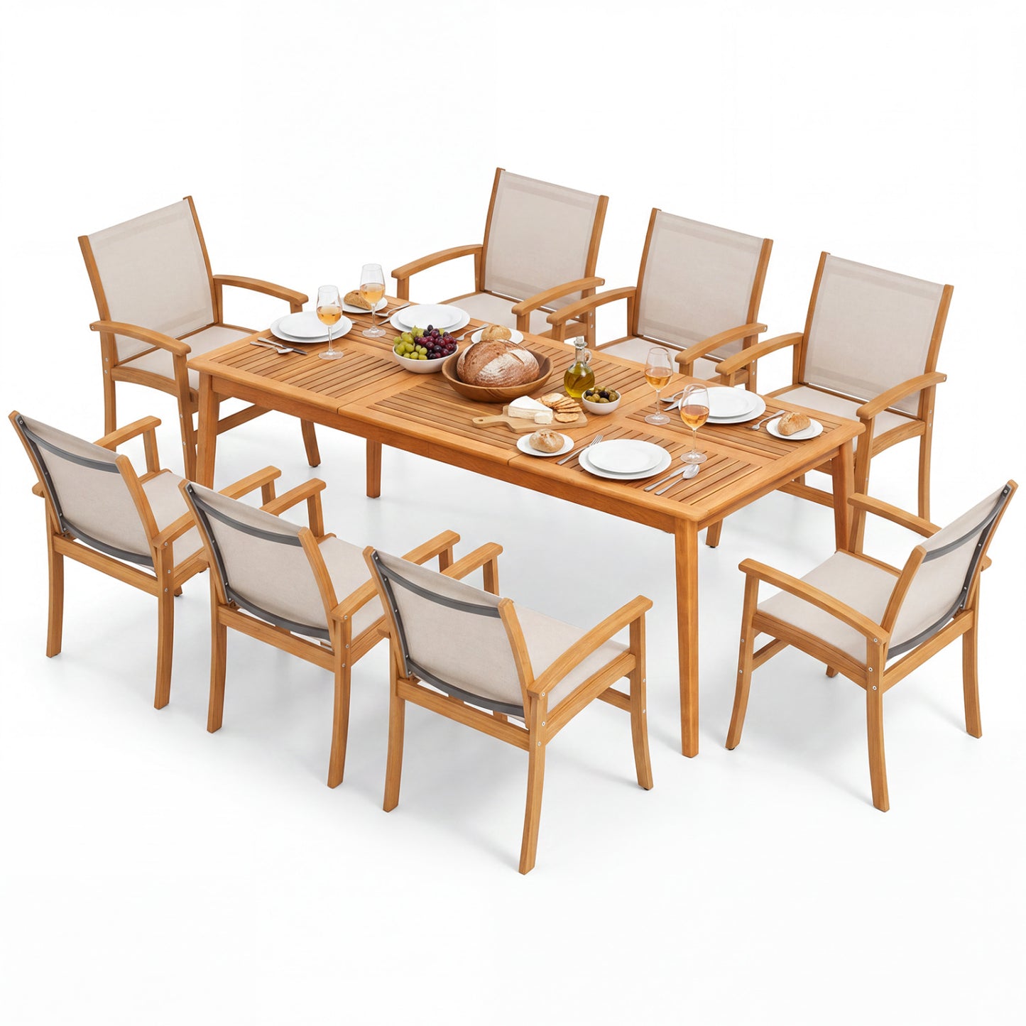 9-Piece Acacia Wood Outdoor Patio Dining Set with 80” Rectangular Table and Breathable Fabric Armchairs-Yellow