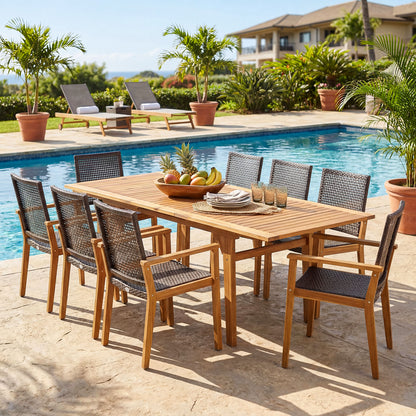 9-piece expandable patio dining set by Wilsons Home Store with table and chairs for outdoor deck and garden dining.