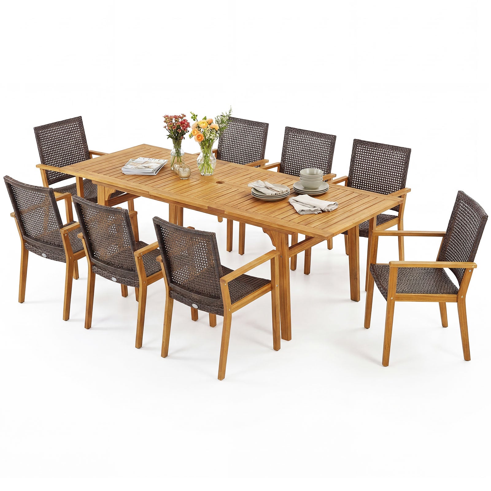 Expandable 9-piece patio dining set by Wilsons Home Store, includes table and chairs for outdoor deck or garden dining.