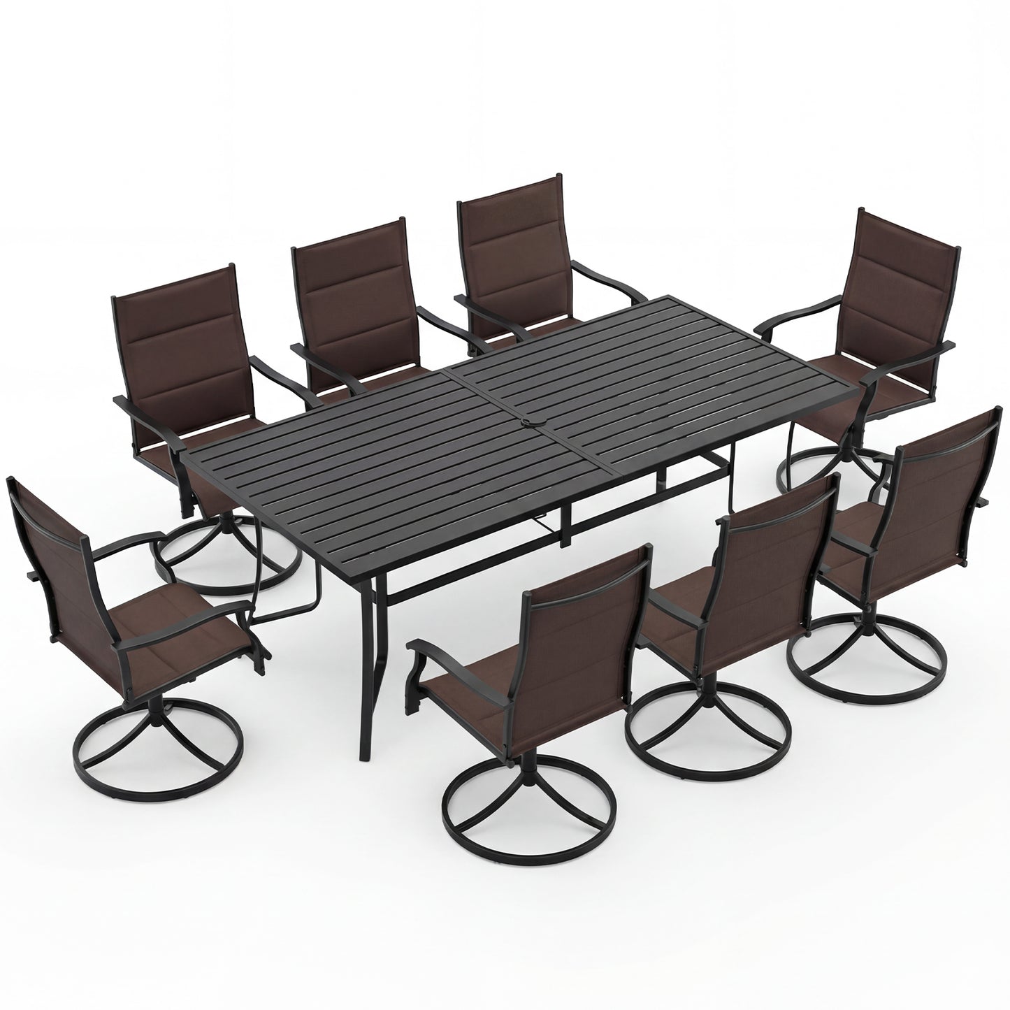 Black 9-piece outdoor dining set with umbrella hole and 8 chairs, perfect for patio dining and outdoor gatherings.