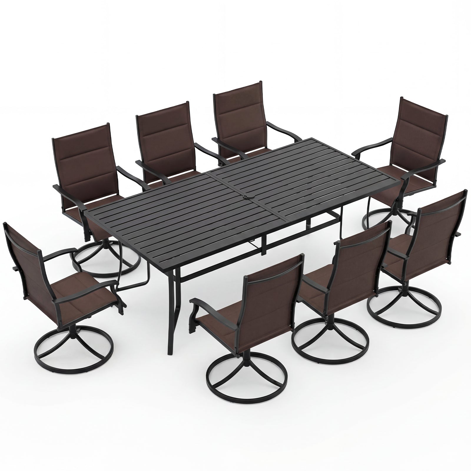 Black 9-piece outdoor dining set with umbrella hole and 8 chairs, perfect for patio dining and outdoor gatherings.