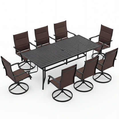 Black 9-piece outdoor dining set with umbrella hole and 8 chairs, perfect for patio dining and outdoor gatherings.