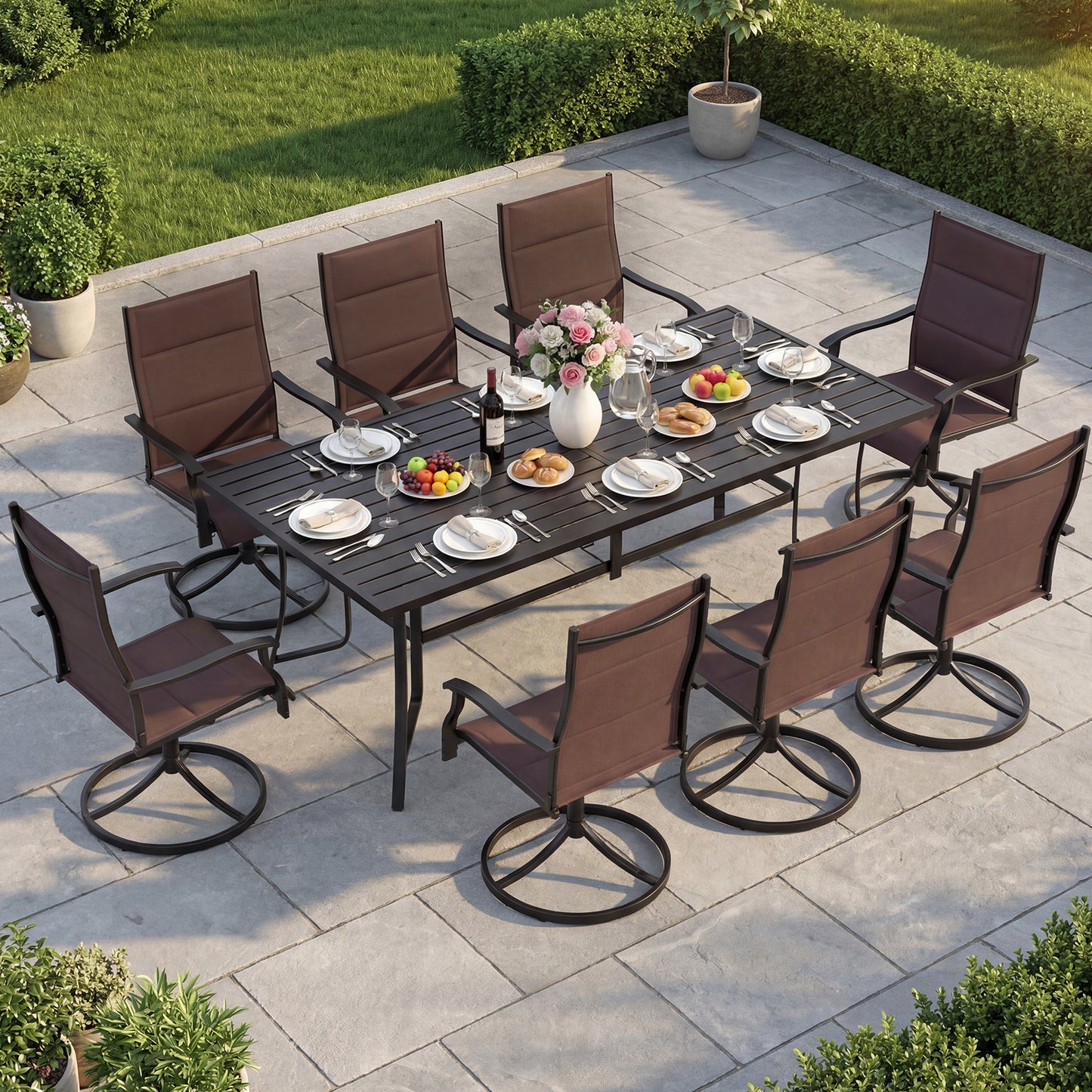 Black 9-piece outdoor dining set with 8 chairs and umbrella hole, perfect for patio dining and outdoor gatherings.