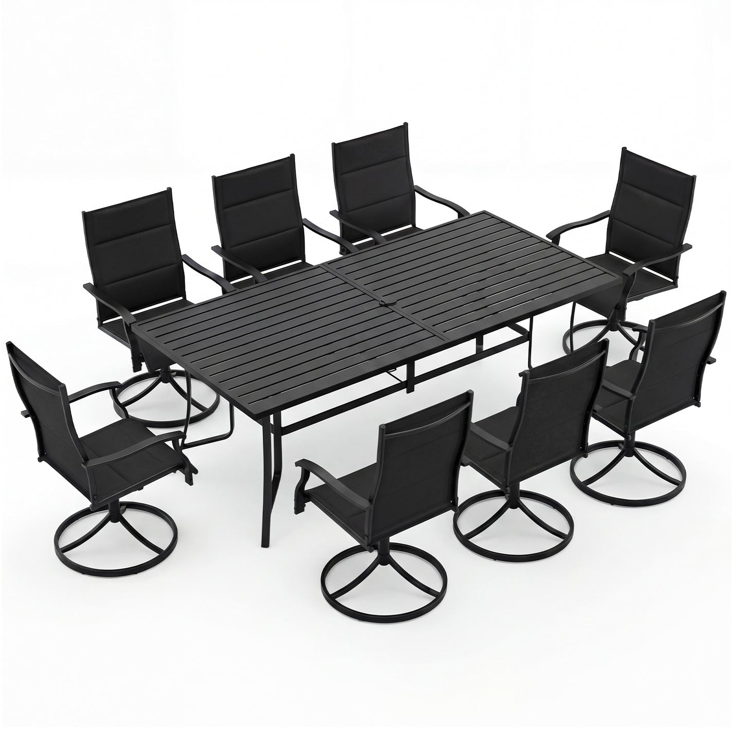 Black 9-piece outdoor dining set with 8 chairs and umbrella hole for patio use, by Direct by Wilsons Home Store.