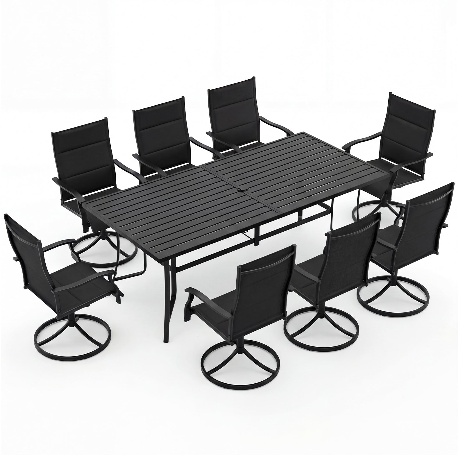 Black 9-piece outdoor dining set with 8 chairs and umbrella hole for patio use, by Direct by Wilsons Home Store.