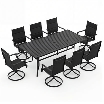 Black 9-piece outdoor dining set with 8 chairs and umbrella hole for patio use, by Direct by Wilsons Home Store.