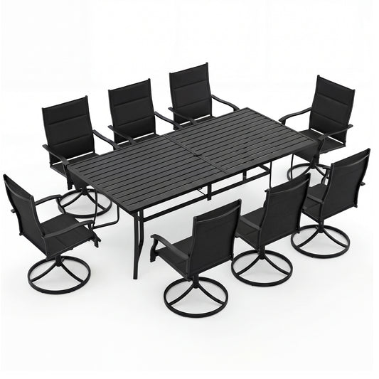 9-Piece Outdoor Dining Set for 8 with Umbrella Hole and 8 Chairs-Black