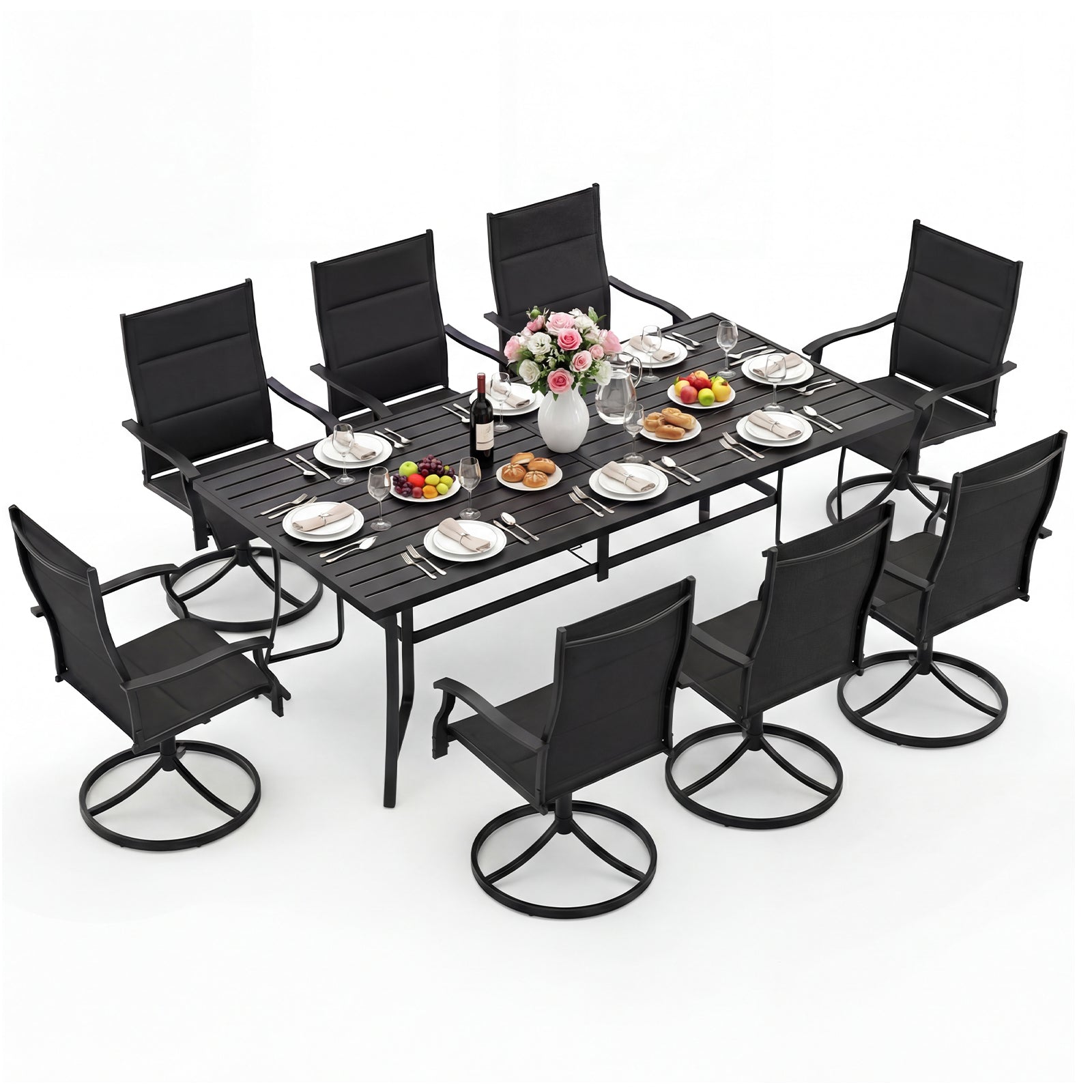 Black 9-piece outdoor dining set with umbrella hole and 8 chairs, ideal for patio outdoor & patio furniture use.