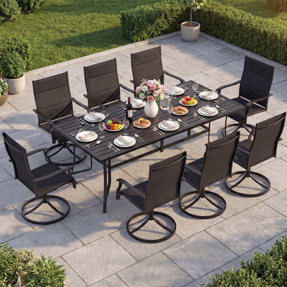 Black 9-piece outdoor dining set with umbrella hole and 8 chairs, ideal for patio dining, from Direct by Wilsons Home Store.