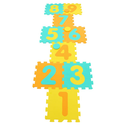 Nine-piece interlocking foam puzzle floor mat with three marker discs, perfect for baby activity and play area safety.