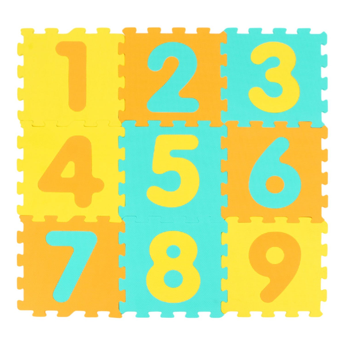 Nine interlocking foam puzzle floor mats for babies and kids with three marker discs, soft colorful play area from Wilsons Home Store.