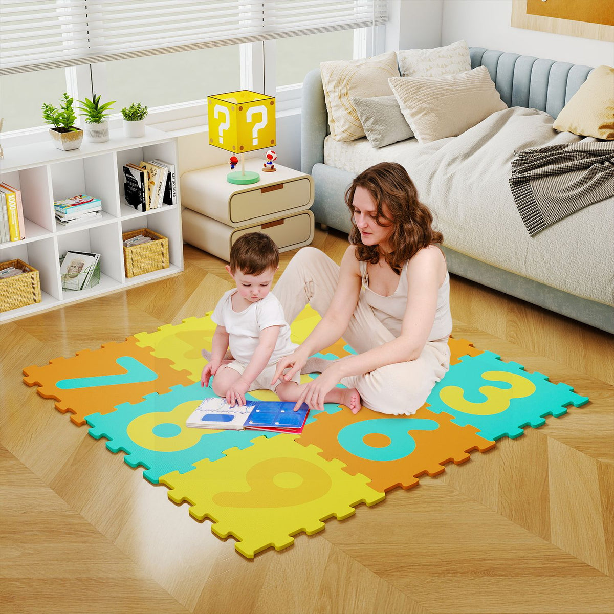Nine-piece interlocking foam puzzle floor mat for babies with three marker discs, soft play area for kids, by Wilsons Home Store.