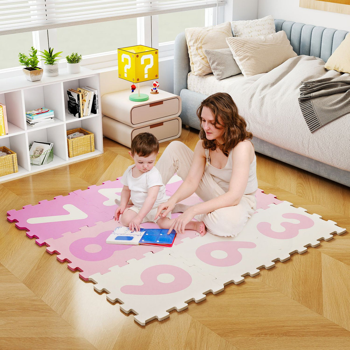 Nine-piece interlocking foam puzzle floor mat with three marker discs for baby activity and play area by Wilsons Home Store.