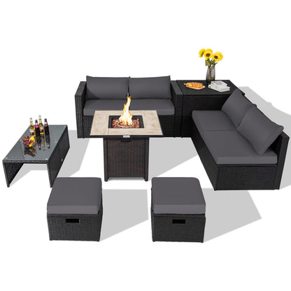 Gray 9-piece outdoor PE rattan wicker sectional sofa with 42-inch gas fire pit table for patio lounging and entertaining.