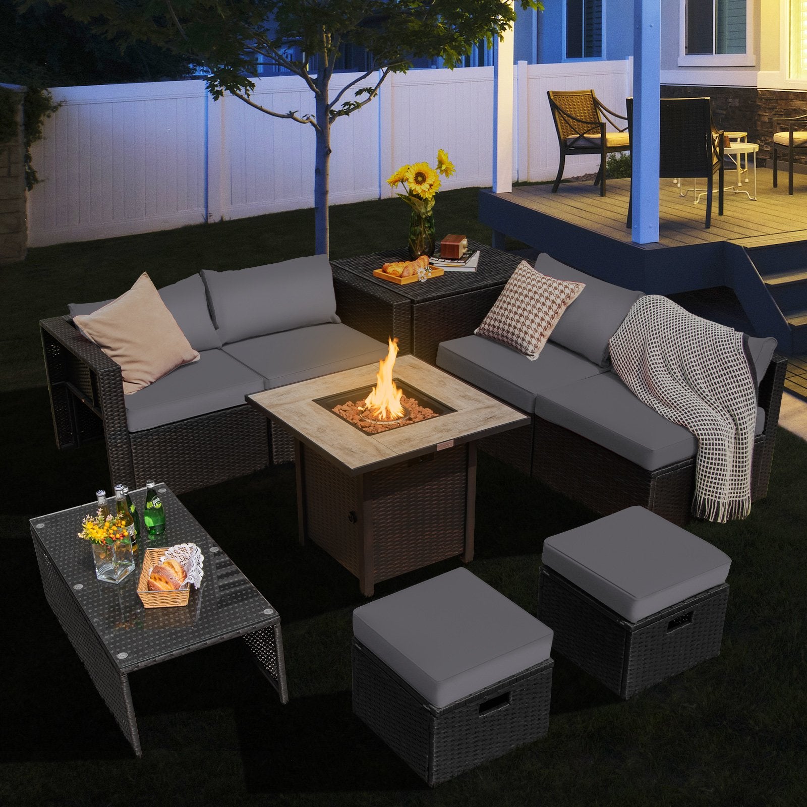 Gray 9-piece outdoor PE rattan wicker sectional sofa with gas fire pit table, ideal for patio outdoor and patio furniture sets.