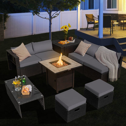 Gray 9-piece outdoor PE rattan wicker sectional sofa with gas fire pit table, ideal for patio outdoor and patio furniture sets.