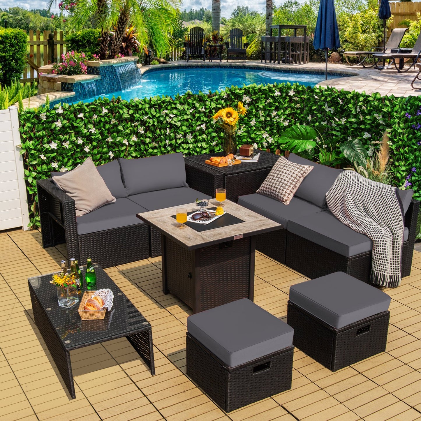 Gray 9-piece outdoor PE rattan wicker sectional sofa with gas fire pit table, perfect for patio outdoor seating.