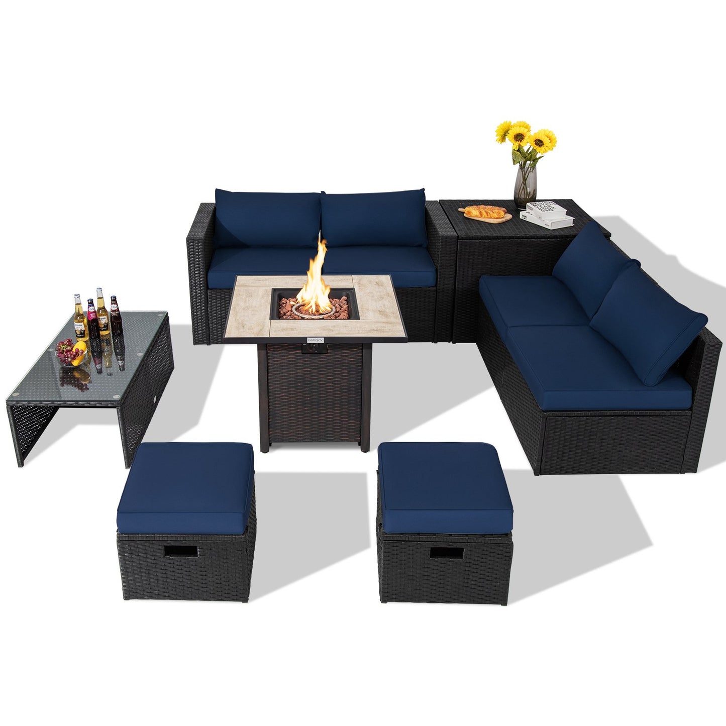 Gray 9-piece outdoor PE rattan wicker sectional sofa with 42-inch gas fire pit table for patio seating and relaxation.