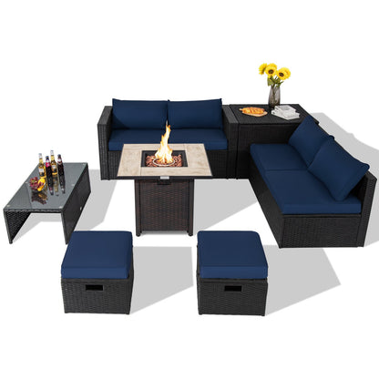 Gray 9-piece outdoor PE rattan wicker sectional sofa with 42-inch gas fire pit table for patio seating and relaxation.