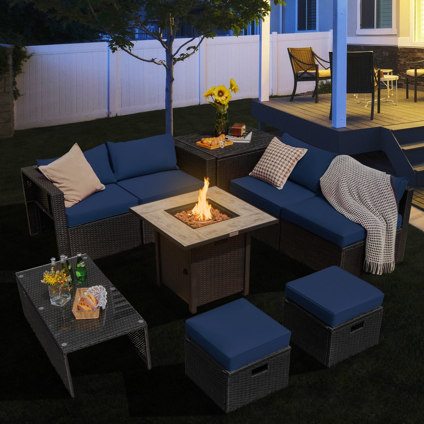 Gray outdoor PE rattan wicker sectional sofa with 42-inch gas fire pit table, 9-piece patio furniture set by Wilsons Home Store