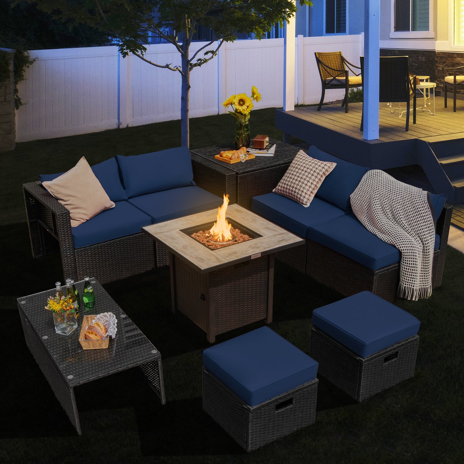 Gray outdoor PE rattan wicker sectional sofa with 42-inch gas fire pit table, 9-piece patio furniture set by Wilsons Home Store