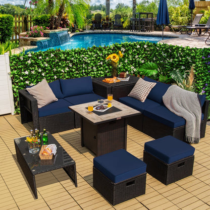 Gray 9-piece outdoor PE rattan wicker sectional sofa with gas fire pit table, perfect for patio outdoor and patio furniture sets.