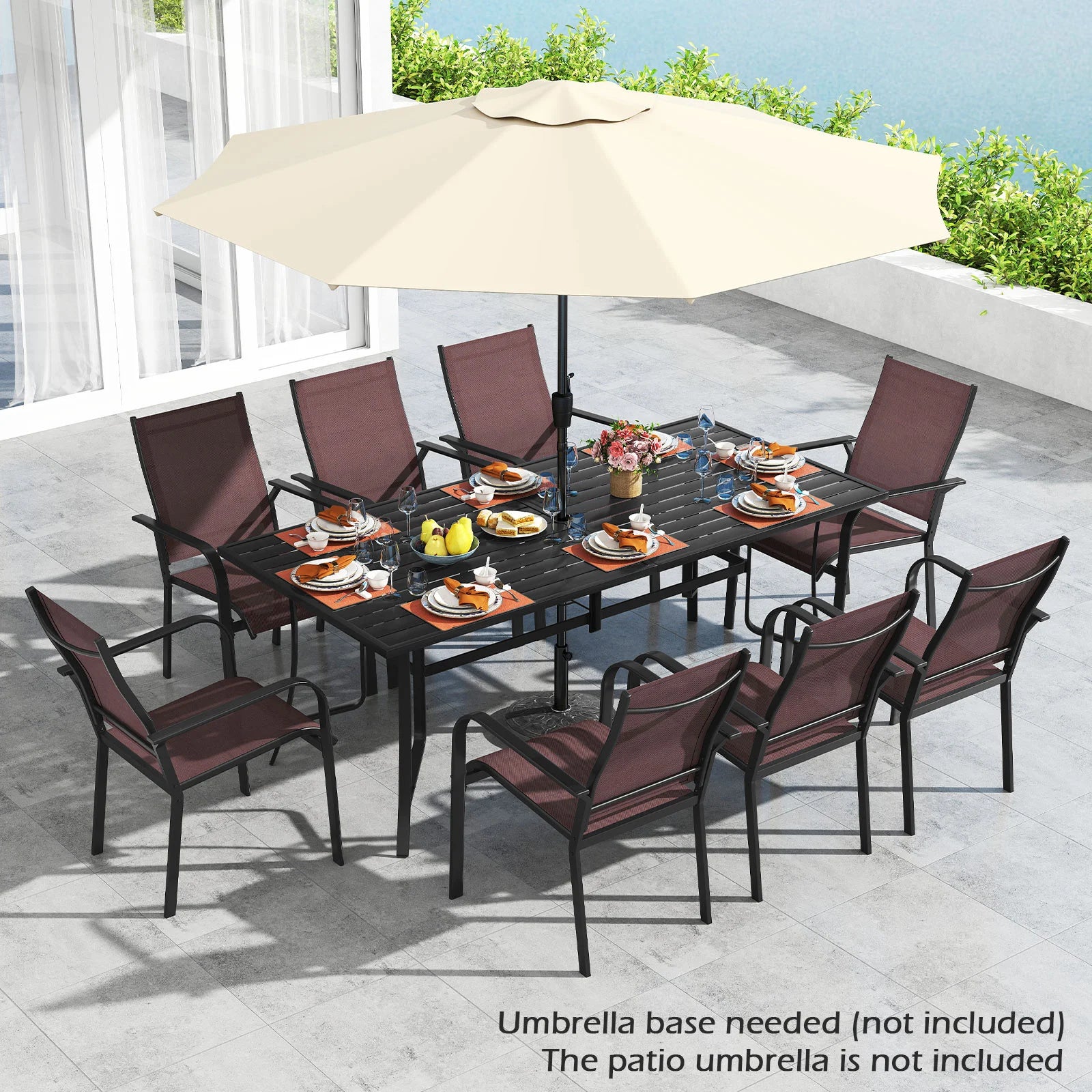 Black 9-piece patio dining set with outdoor rectangular table and 8 stackable chairs, ideal for outdoor patio gatherings.