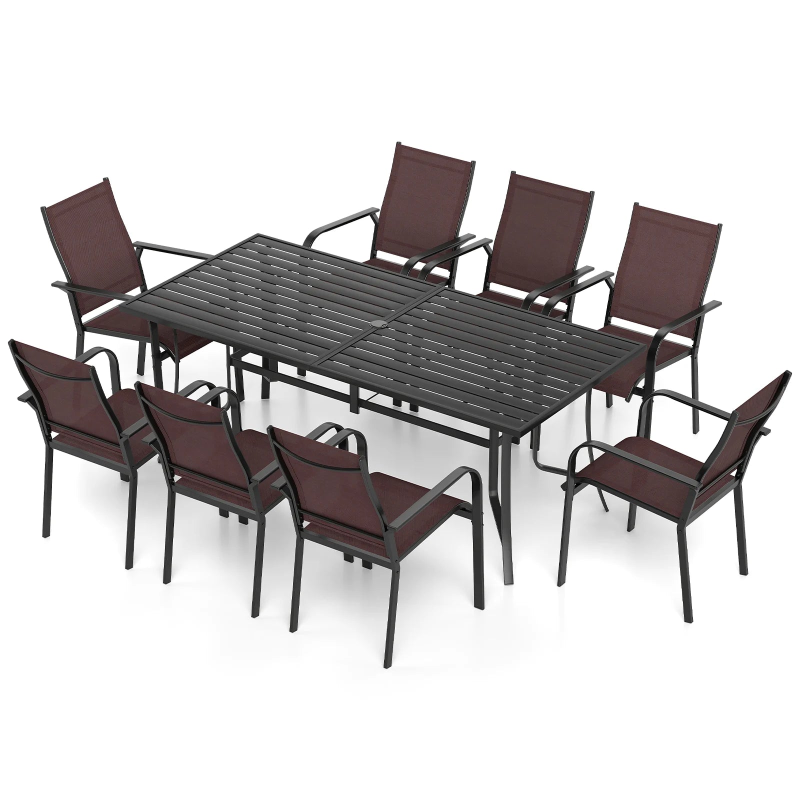 Black 9-piece patio dining set with outdoor rectangular table and 8 stackable chairs, ideal for outdoor patio conversations.
