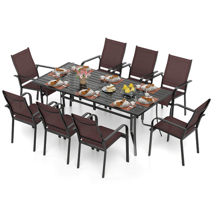 Black 9-piece patio dining set with 8 stackable chairs and rectangular table, outdoor patio furniture for outdoor dining and entertaining