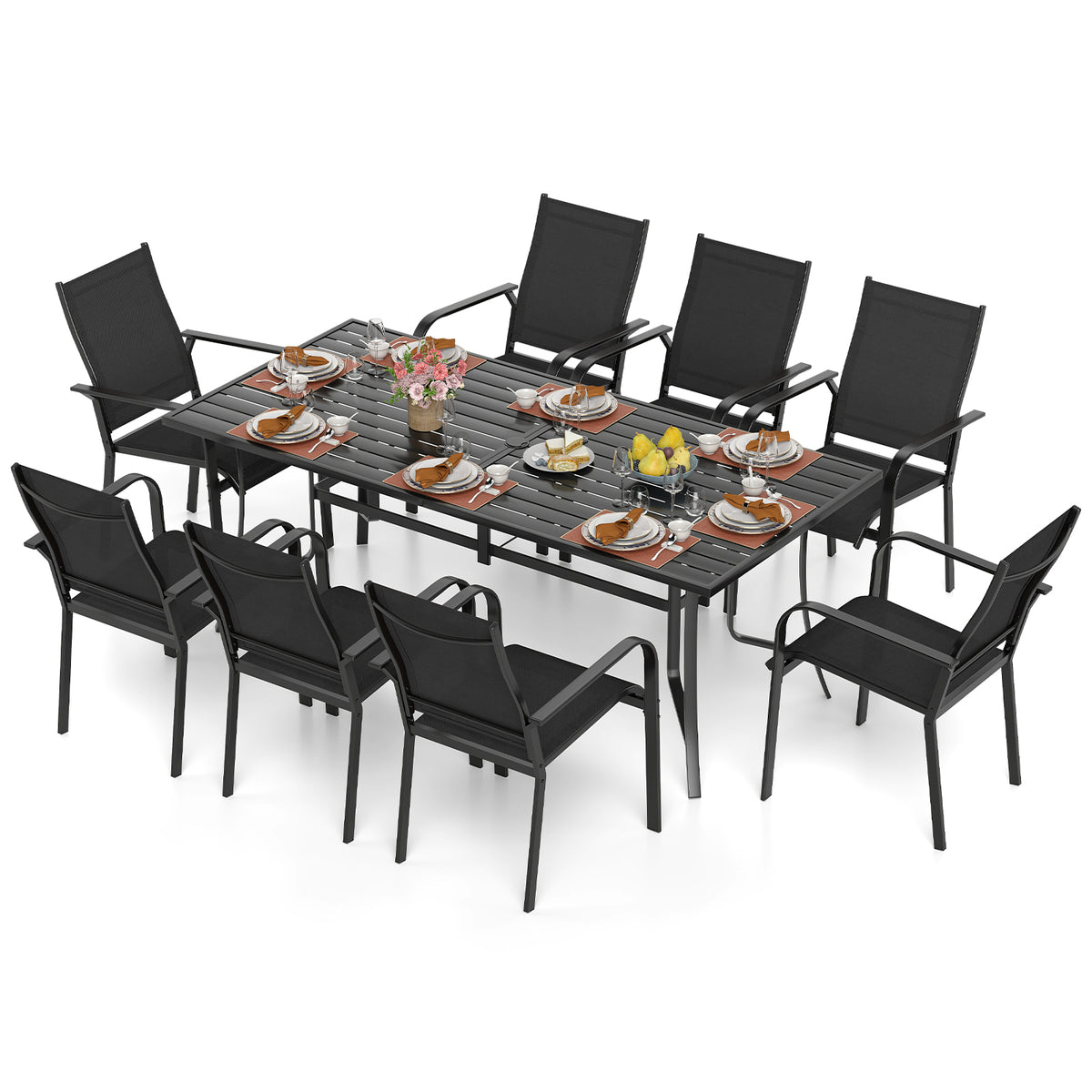Black 9-piece patio dining set with 8 stackable chairs and rectangular table, outdoor patio furniture for outdoor entertaining.