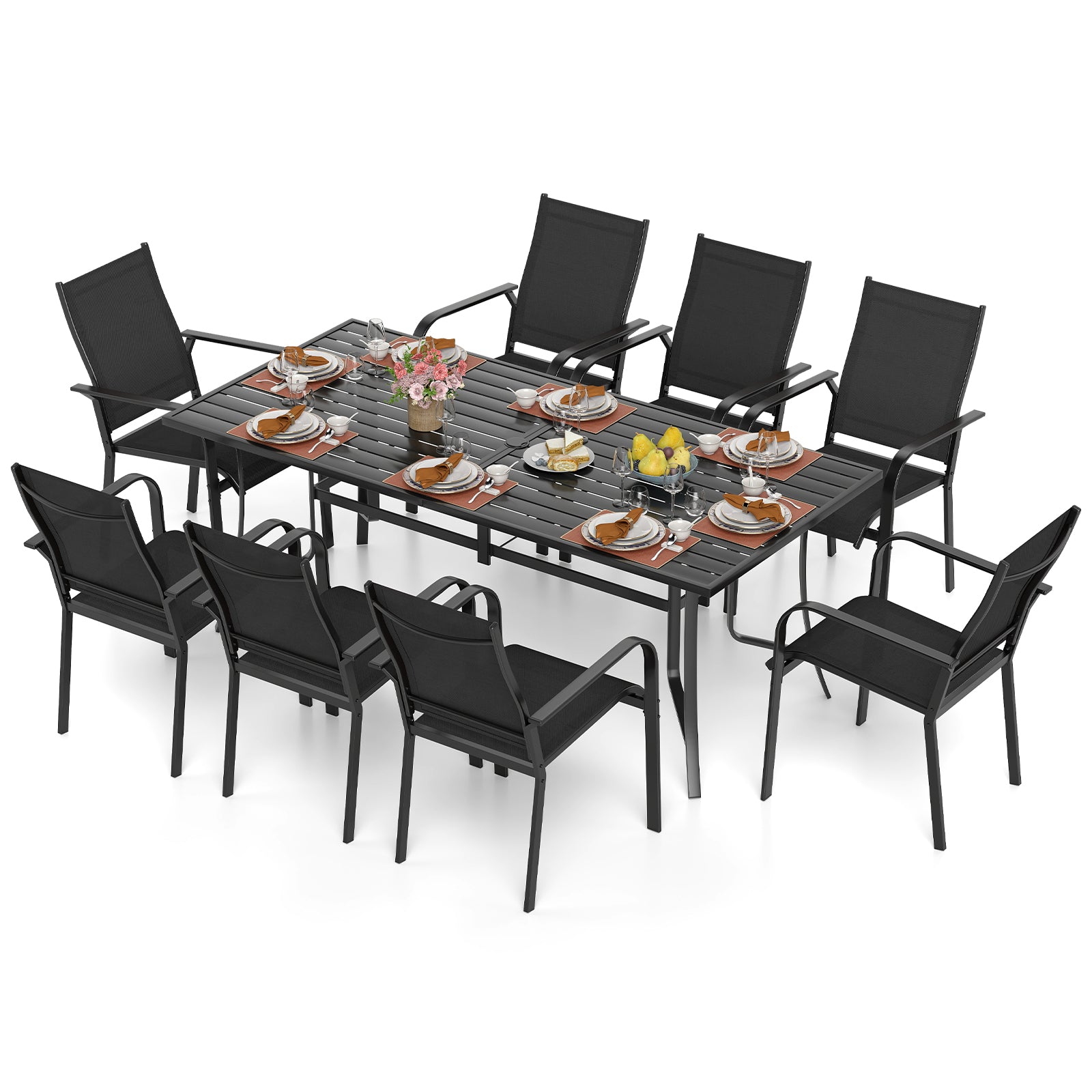 Black 9-piece patio dining set with 8 stackable chairs and rectangular table, outdoor patio furniture for outdoor entertaining.