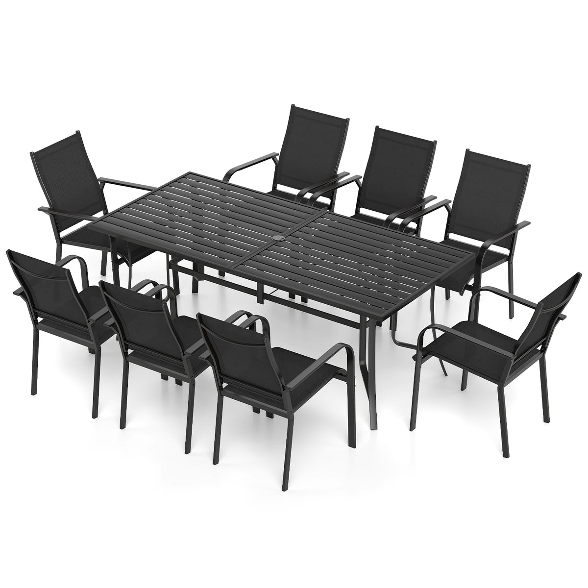 Black 9-piece patio dining set with stackable chairs and rectangular table, outdoor patio furniture by Wilsons Home Store.