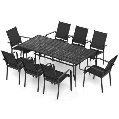 Black 9-piece patio dining set with stackable chairs and rectangular table, outdoor patio furniture by Wilsons Home Store.