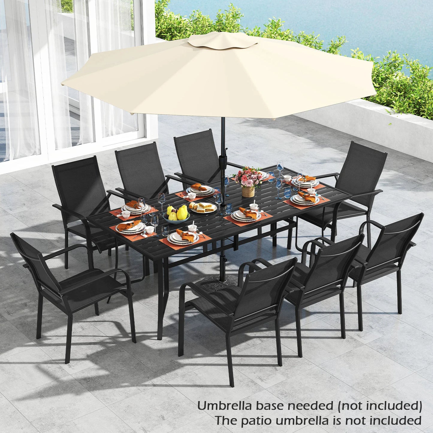 Black 9-piece patio dining set with outdoor rectangular table and 8 stackable chairs, ideal for outdoor patio gatherings.