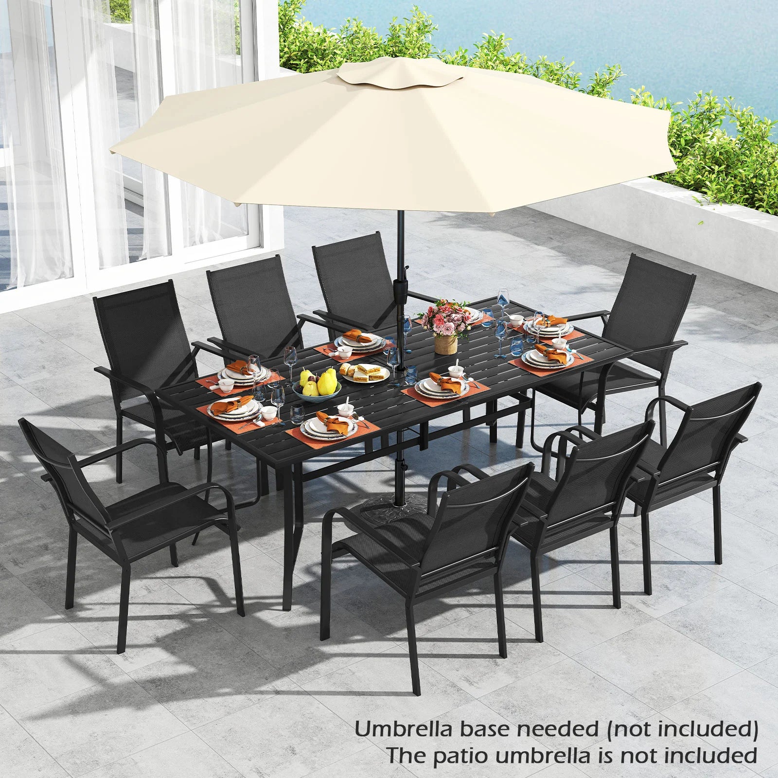 Black 9-piece patio dining set with outdoor rectangular table and 8 stackable chairs, ideal for outdoor patio gatherings.