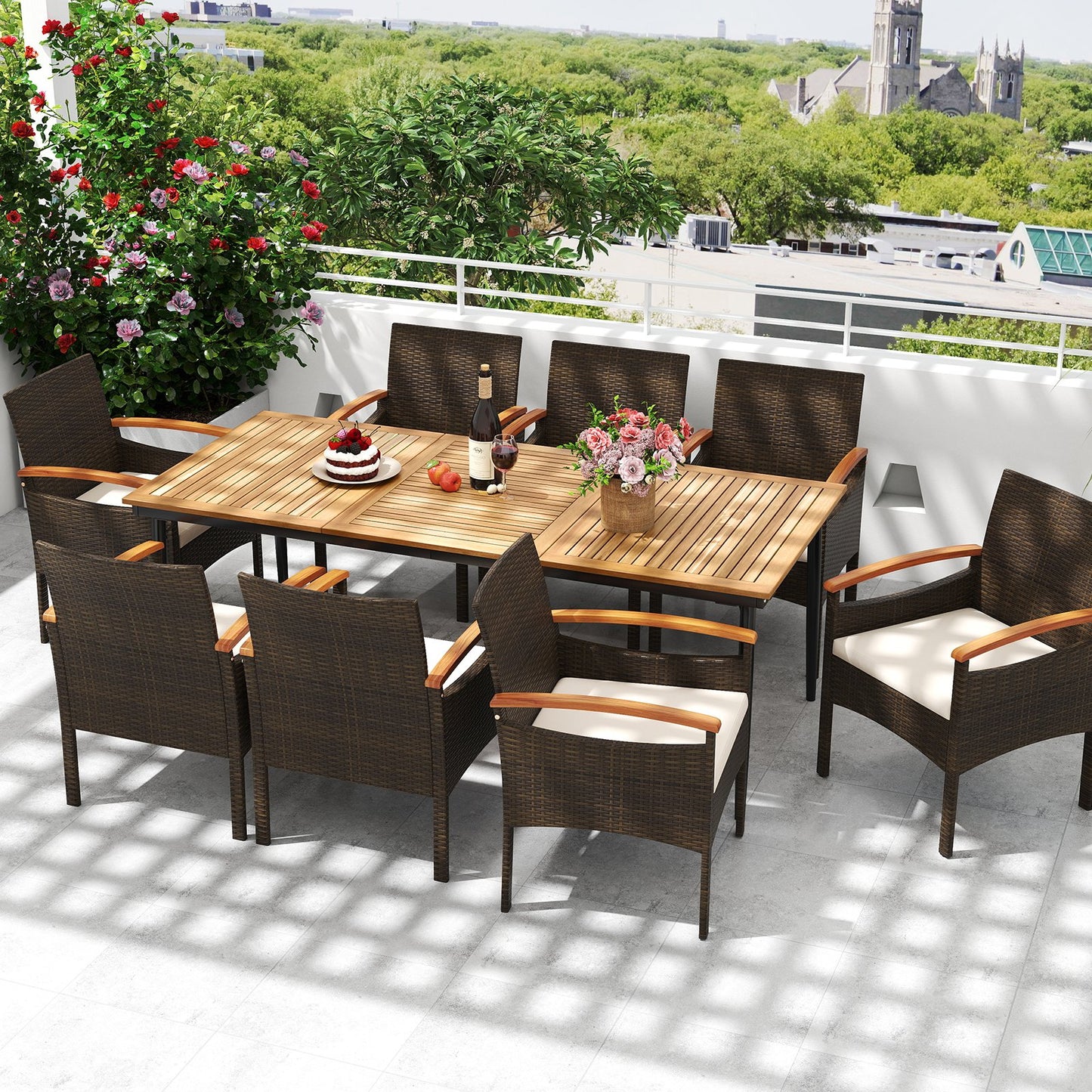 9 Pieces Patio PE Wicker Dining Set with Cushions and Umbrella Hole