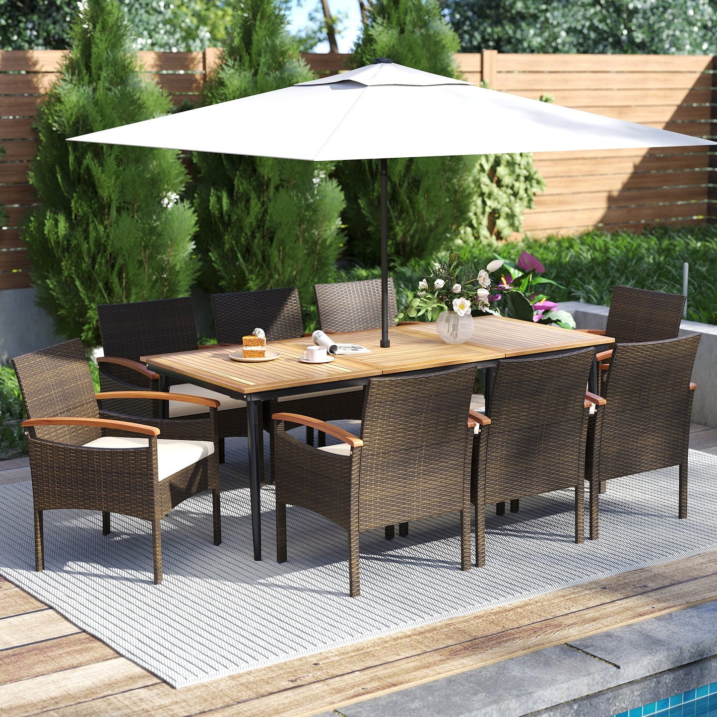 9 Pieces Patio PE Wicker Dining Set with Cushions and Umbrella Hole