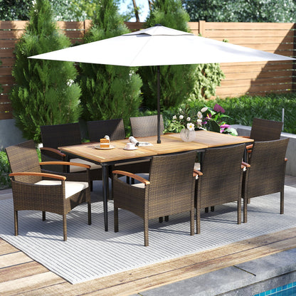 9 Pieces Patio PE Wicker Dining Set with Cushions and Umbrella Hole